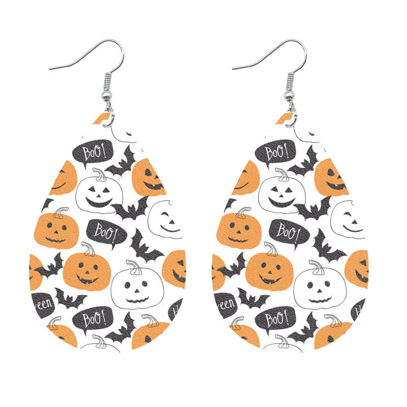 Wholesale Halloween Spider Fun Pumpkin Bat Print Water Drop Leather Earrings