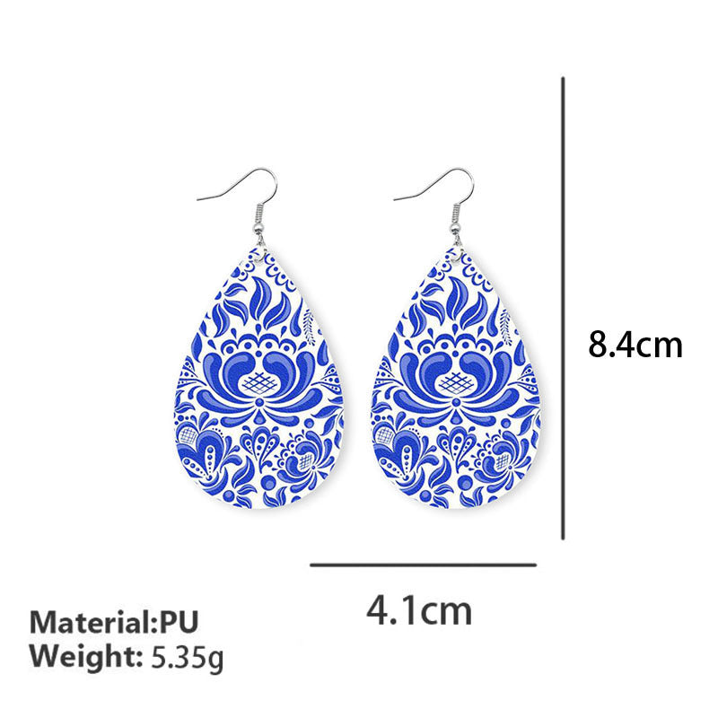 Wholesale 2 pairs/pack Blue and White Porcelain Tie-Dye Leather Earrings