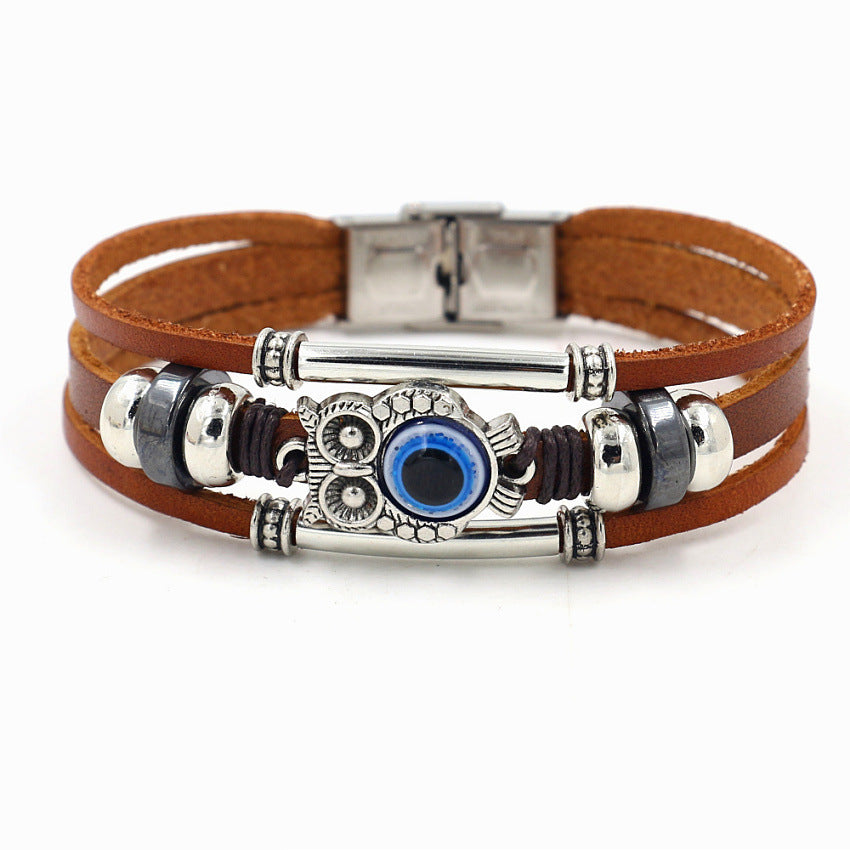 Wholesale blue eyes elephant skin multi-layered beaded braided bracelet stainless steel bracelet