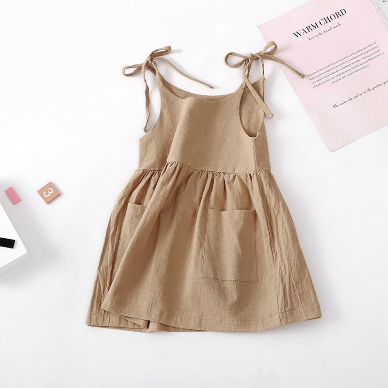 Wholesale Solid Color Cotton and Linen 2 Side Pockets Suspenders Lace-up Children's Suspender Dress