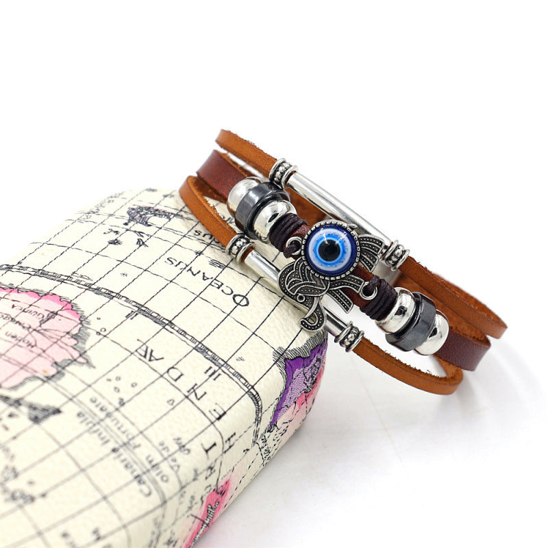 Wholesale blue eyes elephant skin multi-layered beaded braided bracelet stainless steel bracelet