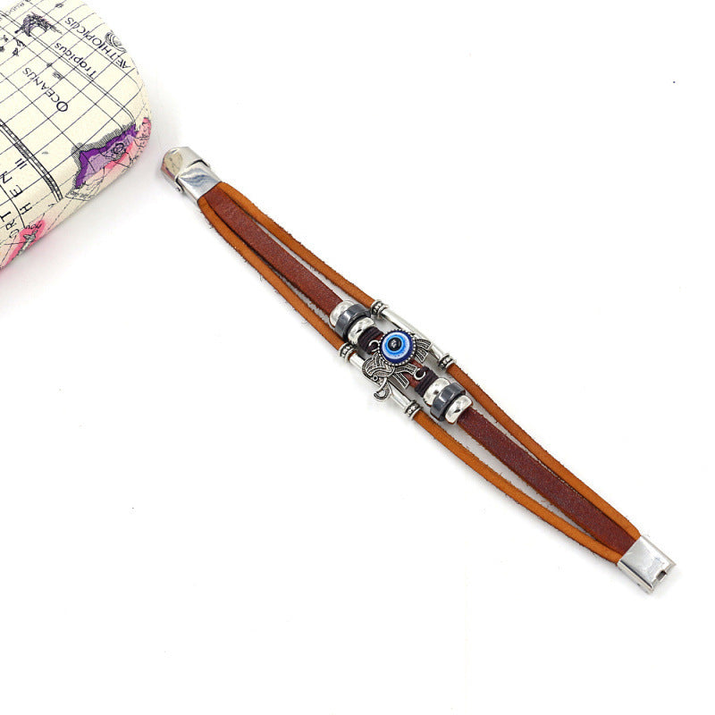 Wholesale blue eyes elephant skin multi-layered beaded braided bracelet stainless steel bracelet