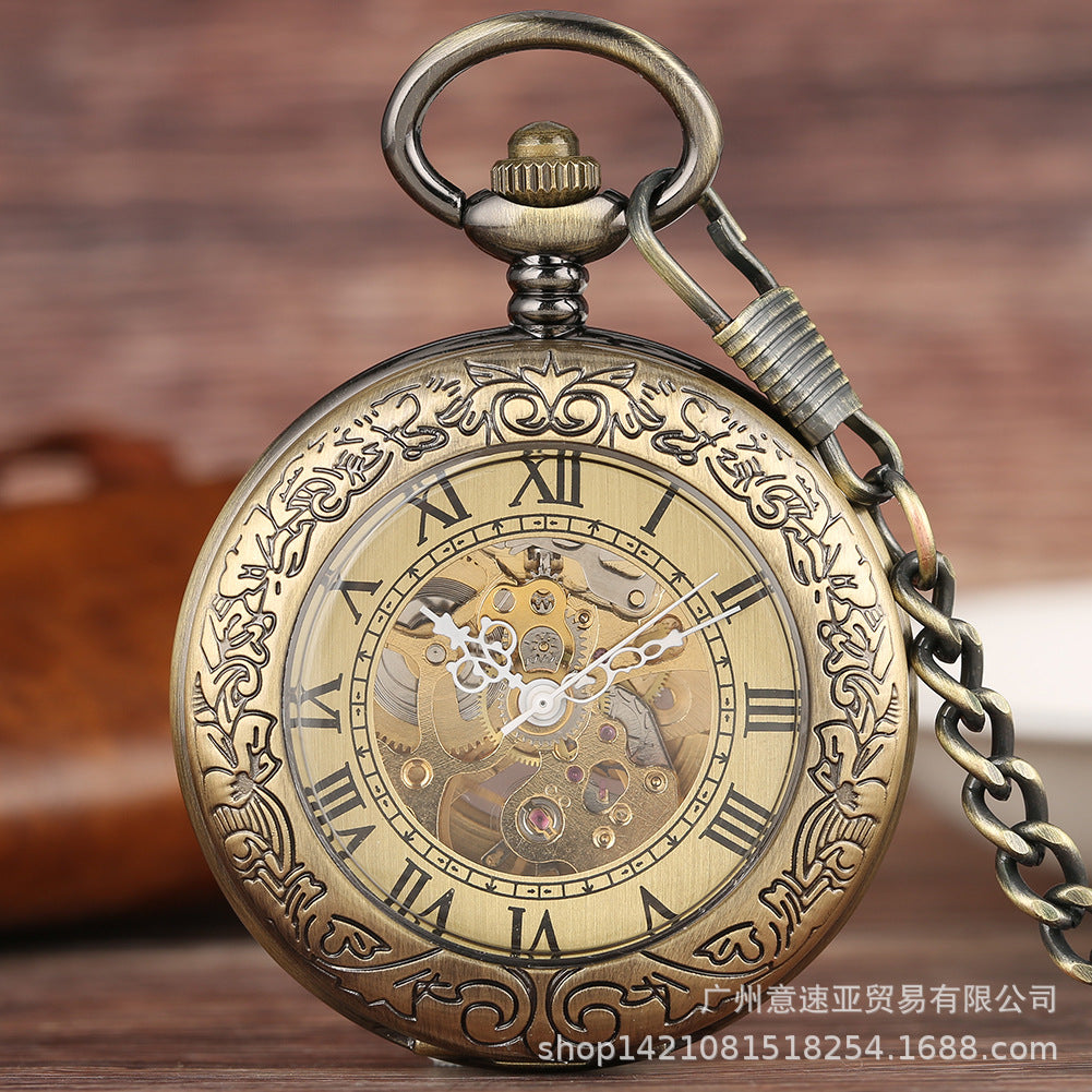Wholesale Flip cover vintage carved magnifying glass mechanical pocket watch