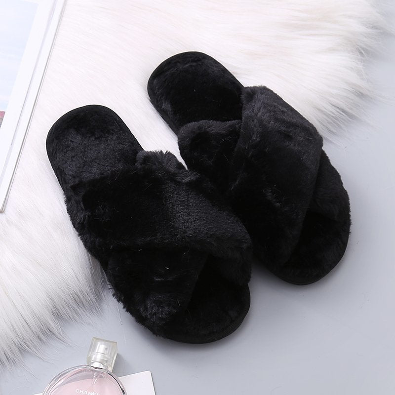 Wholesale Plush Indoor Non-slip Cotton Cross Open Toe Slippers