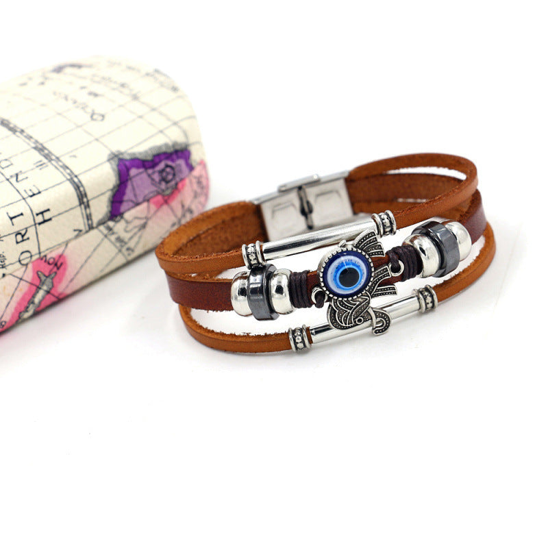 Wholesale blue eyes elephant skin multi-layered beaded braided bracelet stainless steel bracelet