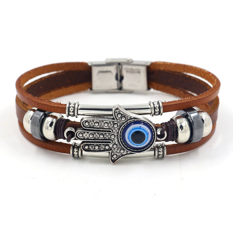 Wholesale blue eyes elephant skin multi-layered beaded braided bracelet stainless steel bracelet