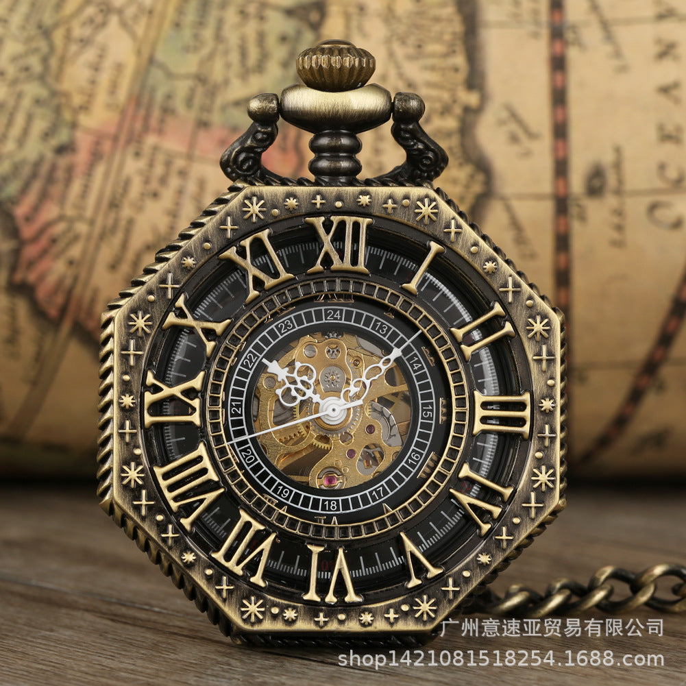 Wholesale Engraved dual display Roman octagonal manual vintage mechanical watch