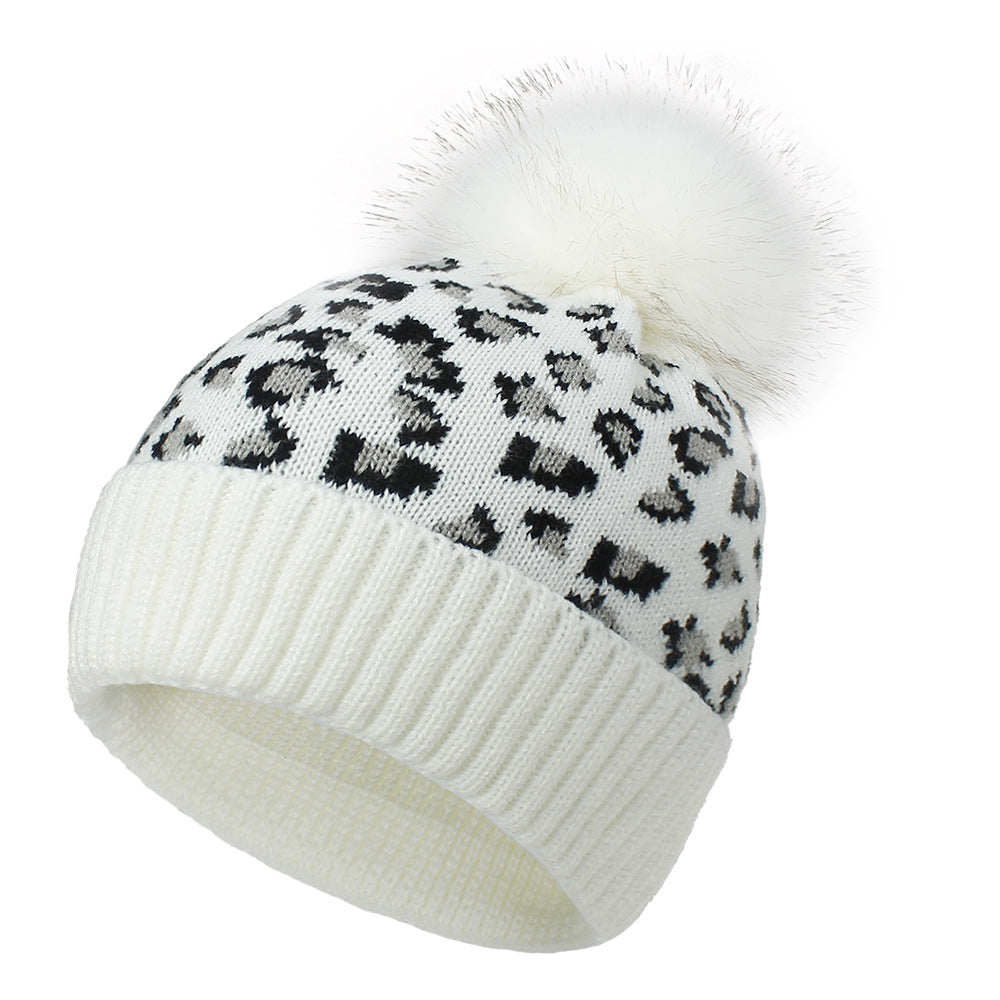 Wholesale Leopard print woolen knitted hat,  fashionable warm big furball hat