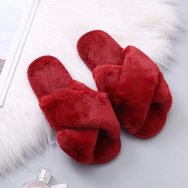Wholesale Plush Indoor Non-slip Cotton Cross Open Toe Slippers
