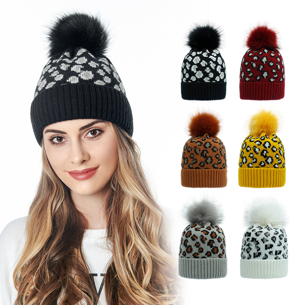 Wholesale Leopard print woolen knitted hat,  fashionable warm big furball hat