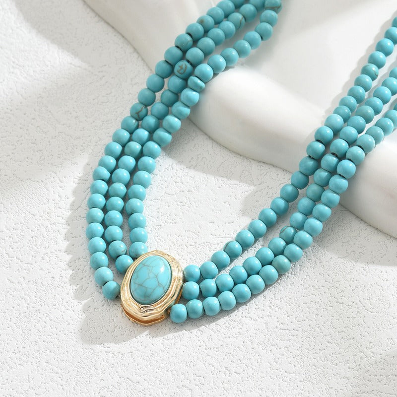 Wholesale Fashion Retro Geometric Beads Simple Turquoise Multi-layer Design Long Chain Alloy Clavicle Chain