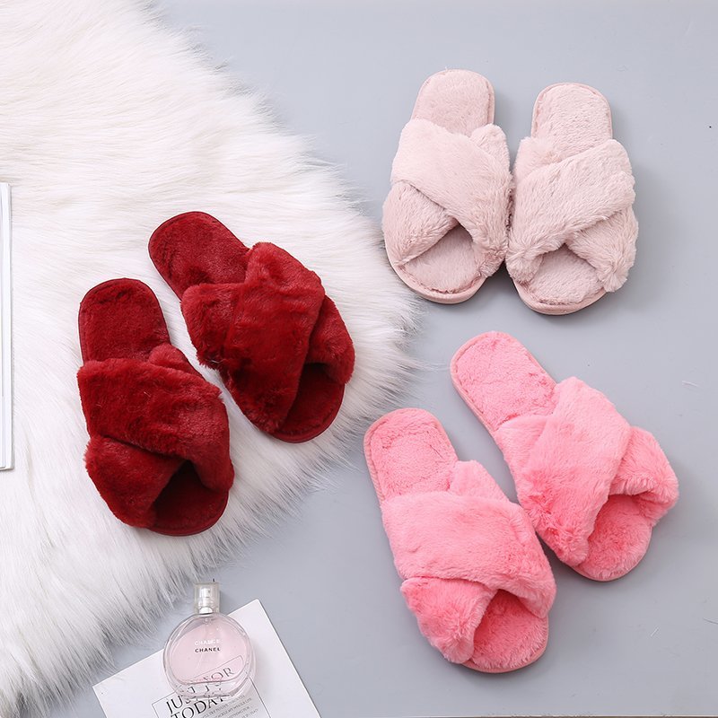 Wholesale Plush Indoor Non-slip Cotton Cross Open Toe Slippers