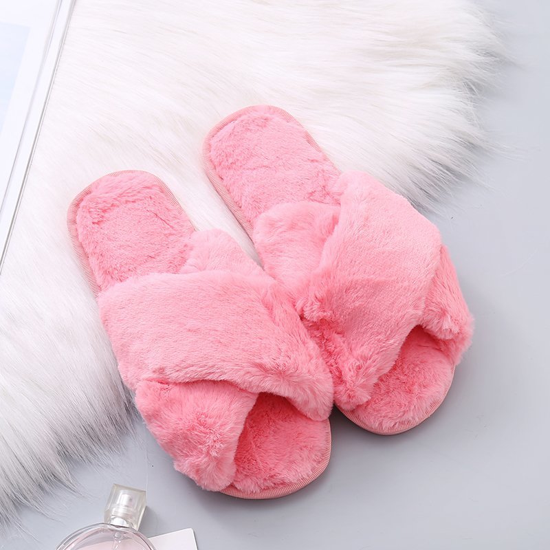 Wholesale Plush Indoor Non-slip Cotton Cross Open Toe Slippers