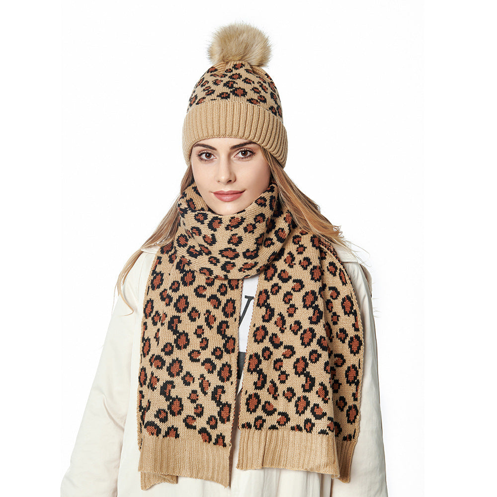 Wholesale Leopard Pattern Knitted Hat Ball Hat Scarf Set