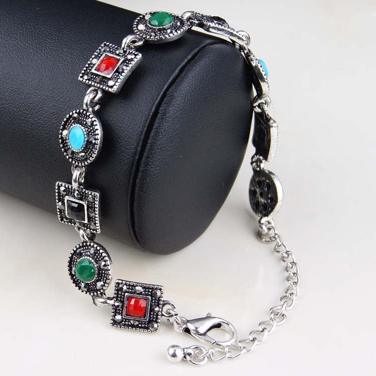 Wholesale Retro Square Color Gemstone Ethnic Style Alloy Bracelet