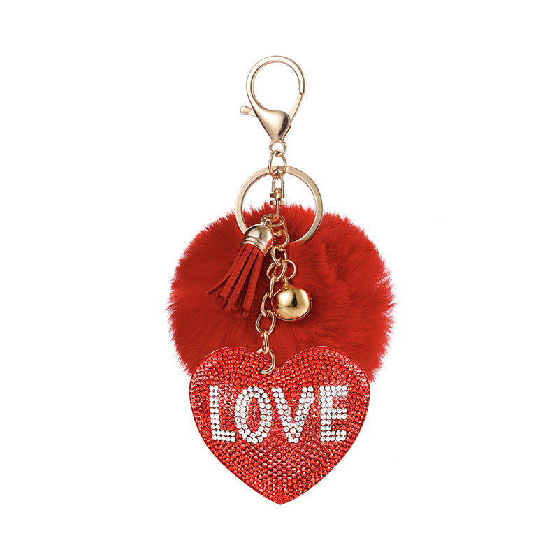 Wholesale 10pcs of Love Rhinestone Flannel 8cm Wool Ball Keychain