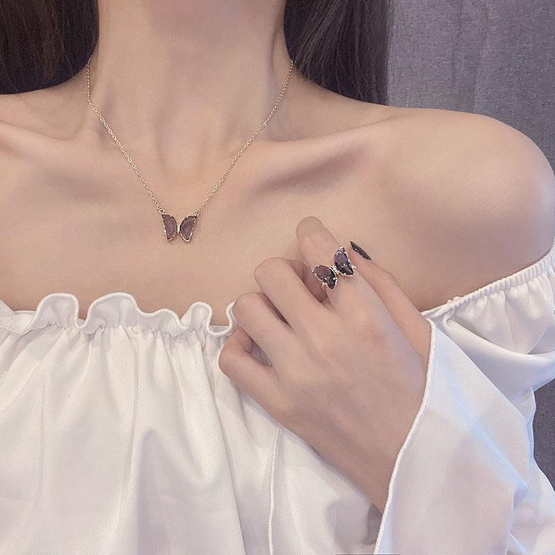 Wholesale Light Luxury Purple Butterfly Clavicle Necklaces Rings And Earrings
