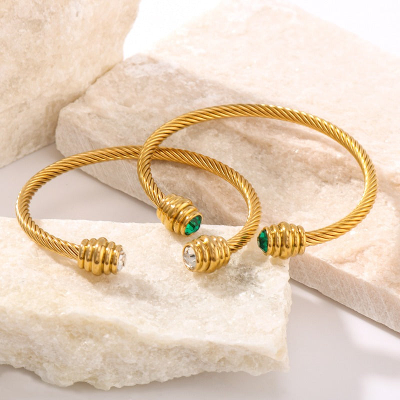 Wholesale Design Steel Bar Pattern Stainless Steel Inlaid Zircon Light Bulb Female Open Titanium Steel 118K Gold Bracelet