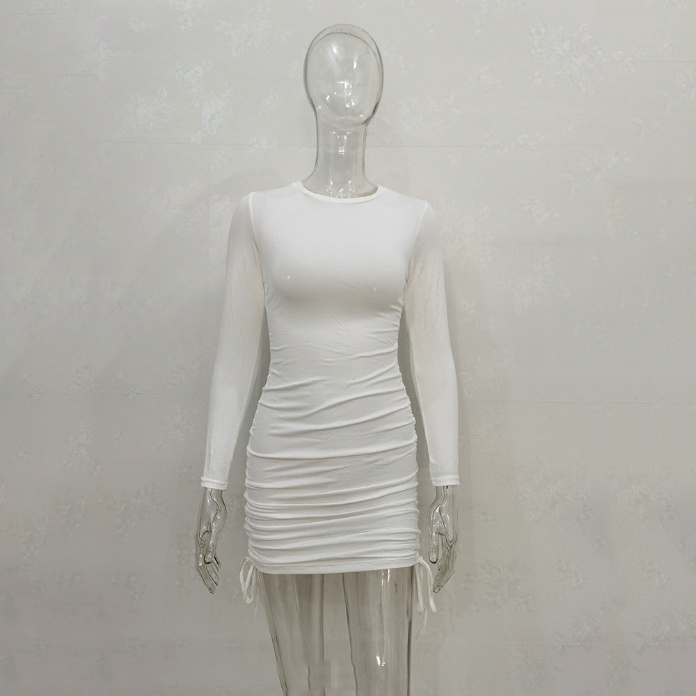 Wholesale Knit Drawstring Multicolor Long Sleeve Crew Neck Dress