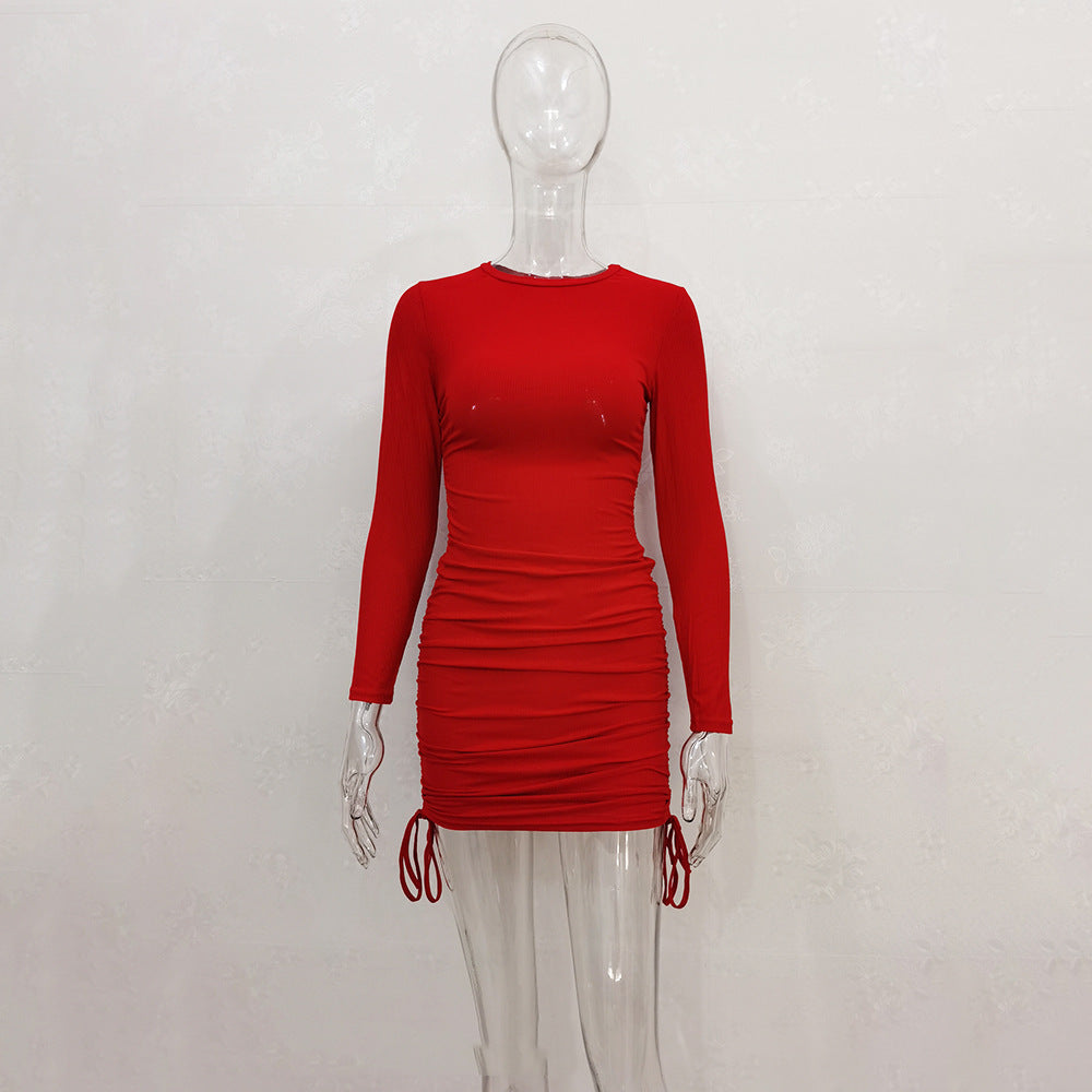 Wholesale Knit Drawstring Multicolor Long Sleeve Crew Neck Dress