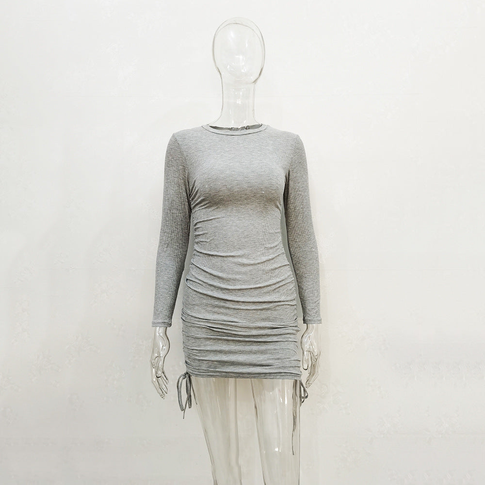Wholesale Knit Drawstring Multicolor Long Sleeve Crew Neck Dress