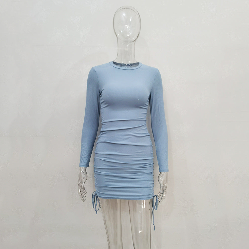 Wholesale Knit Drawstring Multicolor Long Sleeve Crew Neck Dress