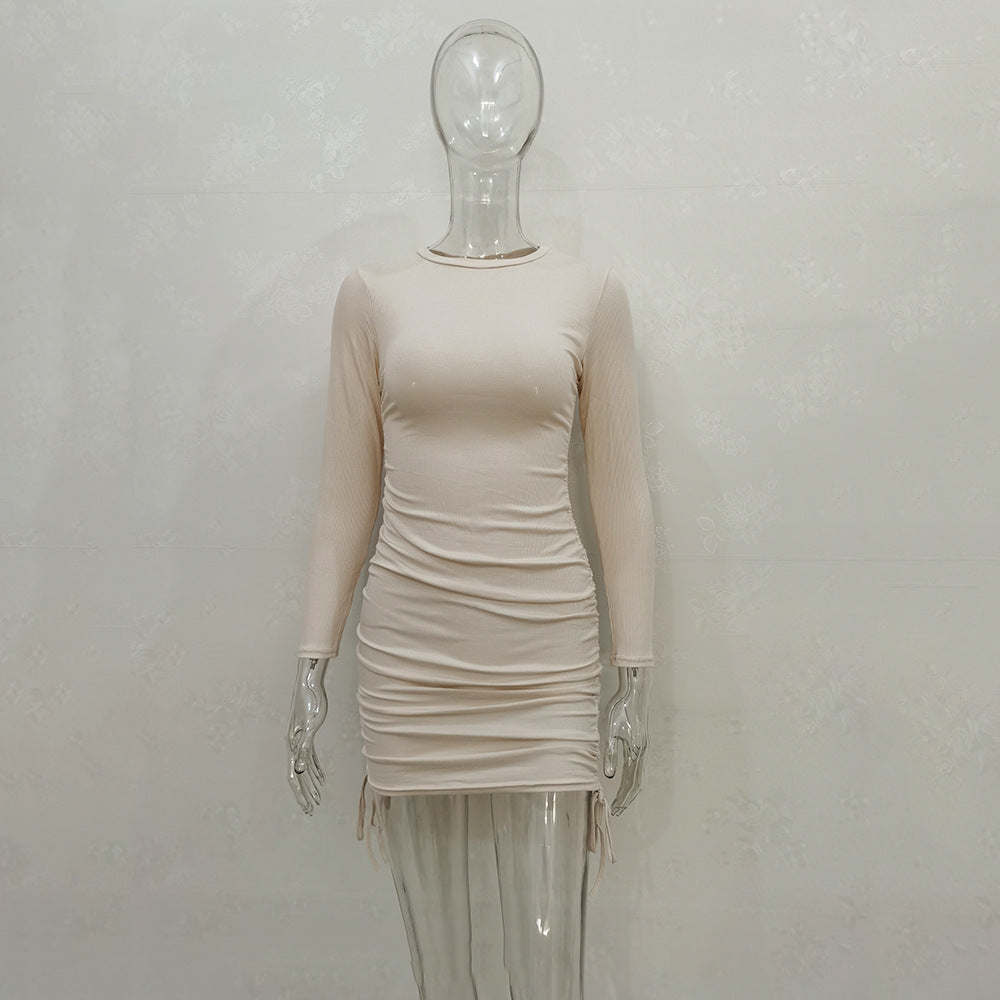 Wholesale Knit Drawstring Multicolor Long Sleeve Crew Neck Dress