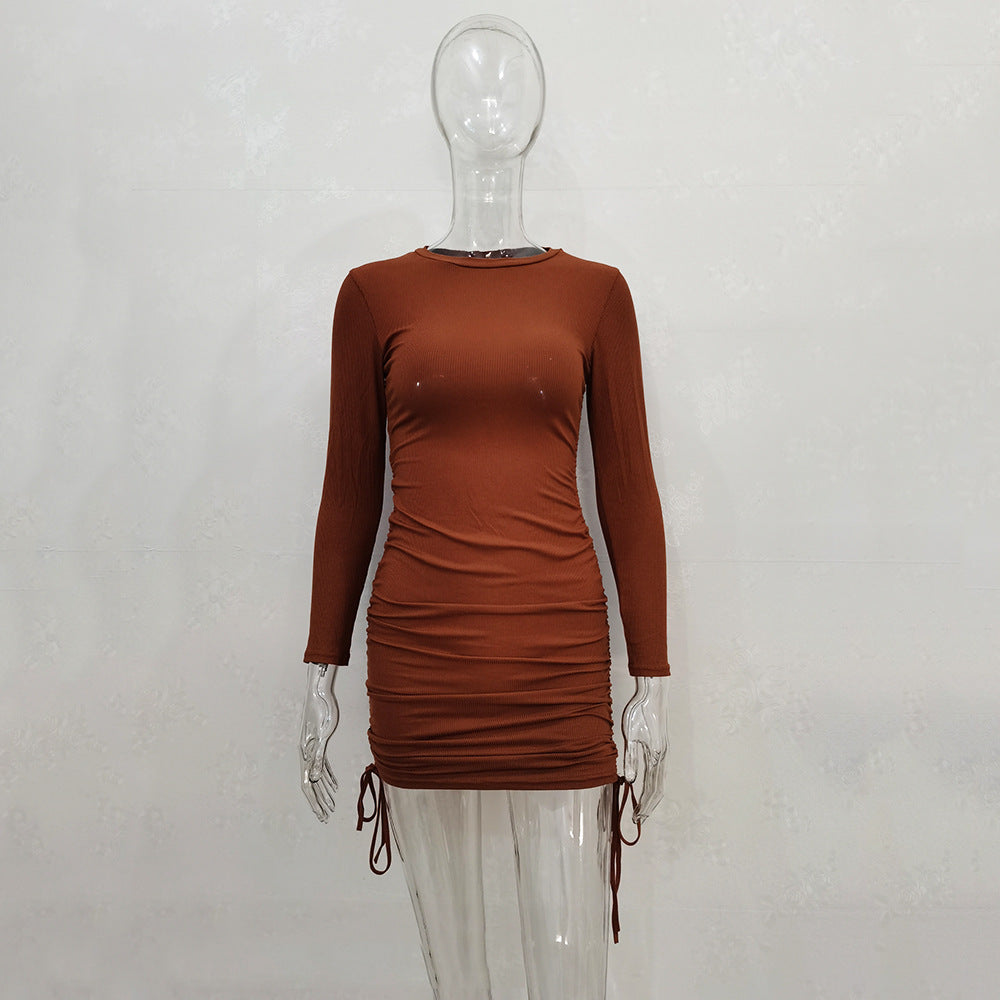 Wholesale Knit Drawstring Multicolor Long Sleeve Crew Neck Dress