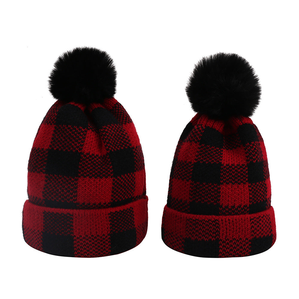Wholesale 10pcs Wool Ball Parent-child Red and Black Plaid Knitted Hat