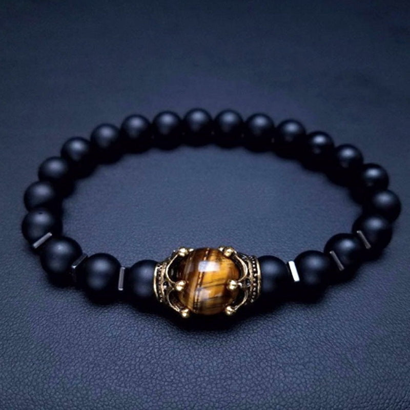 Wholesale Tiger Eye Frosted Crown Beaded Elastic Men's Bracelet