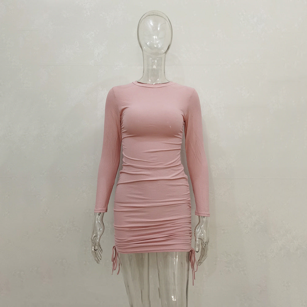 Wholesale Knit Drawstring Multicolor Long Sleeve Crew Neck Dress