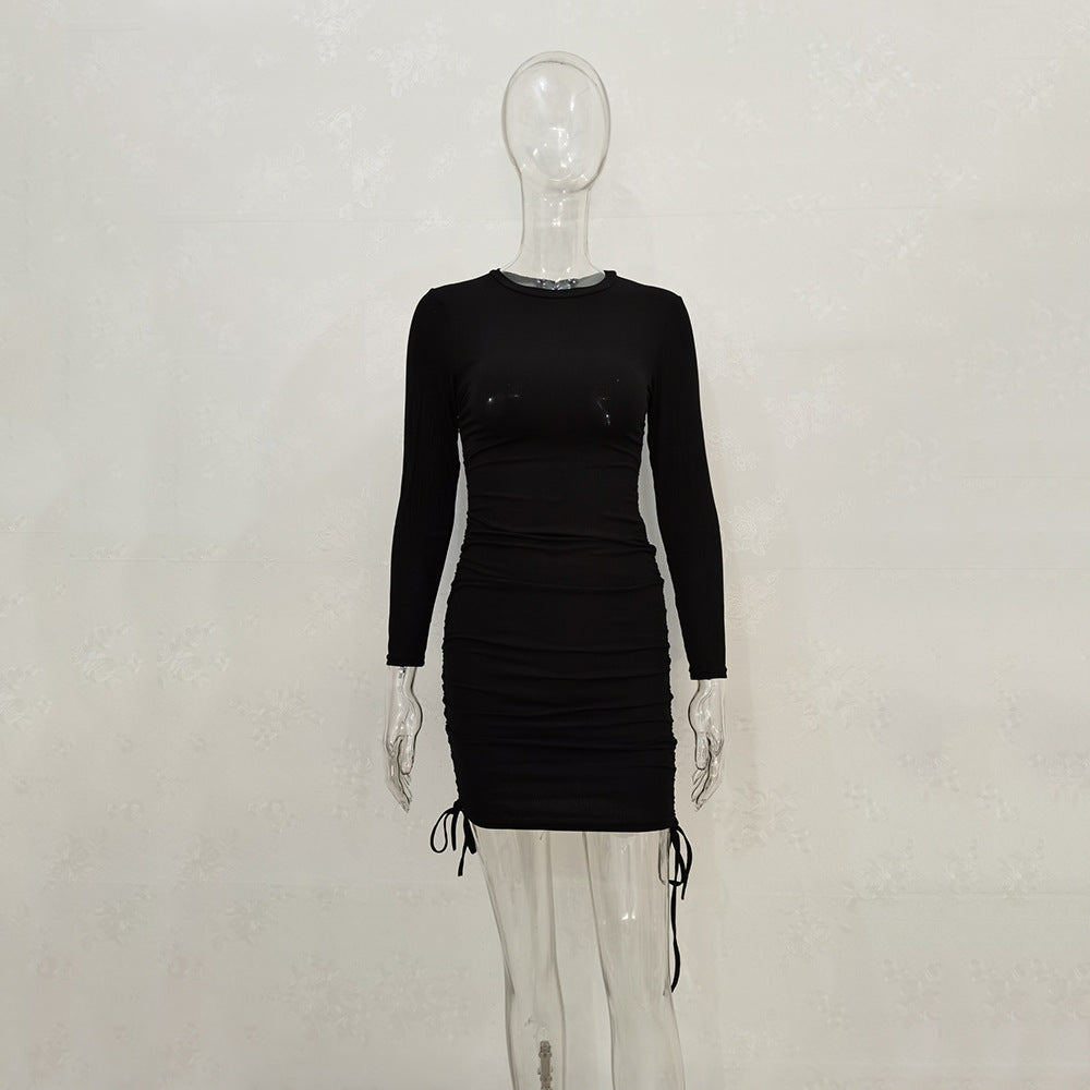 Wholesale Knit Drawstring Multicolor Long Sleeve Crew Neck Dress