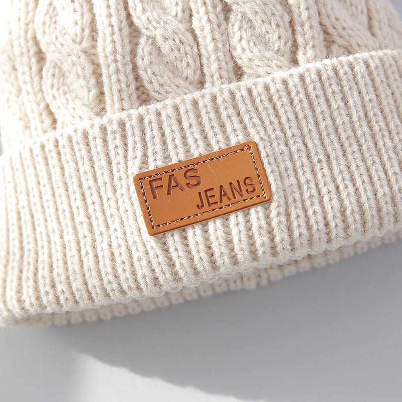 Wholesale Children's Autumn and Winter Label Wool Knitted Wool Ball Thickened Cable Pattern Wool Baby Pullover Hat