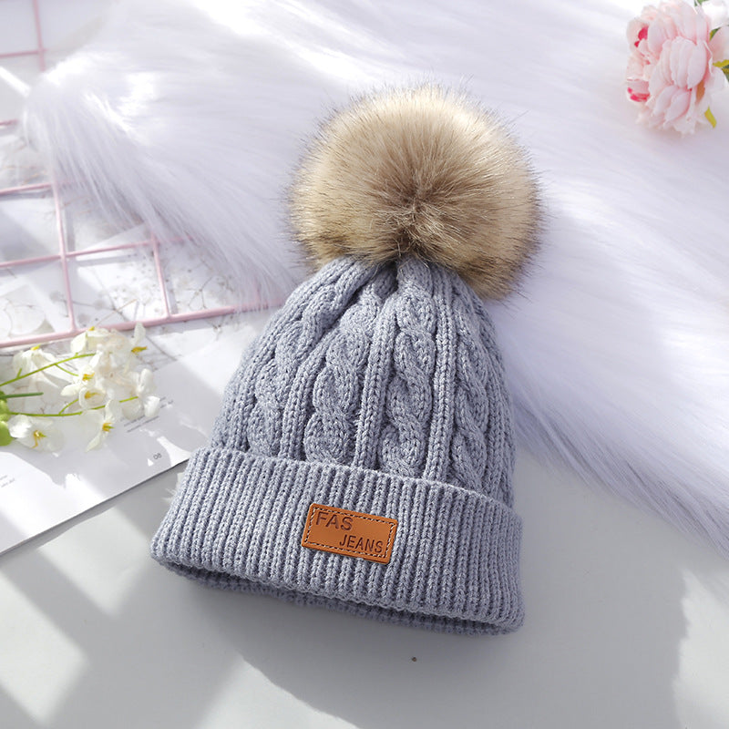 Wholesale Children's Autumn and Winter Label Wool Knitted Wool Ball Thickened Cable Pattern Wool Baby Pullover Hat