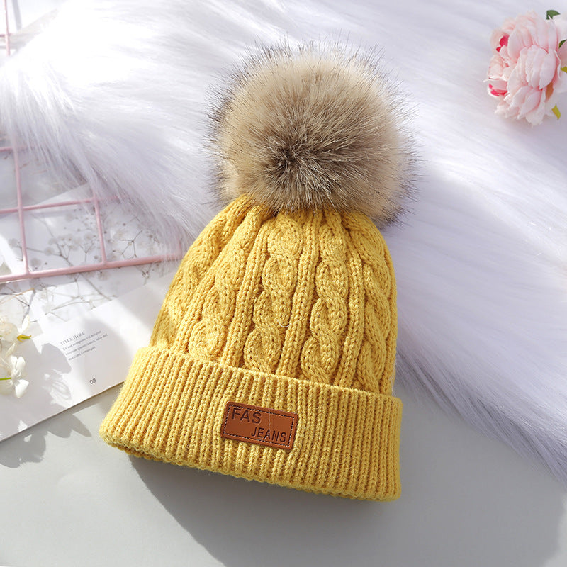 Wholesale Children's Autumn and Winter Label Wool Knitted Wool Ball Thickened Cable Pattern Wool Baby Pullover Hat