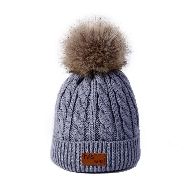 Wholesale Children's Autumn and Winter Label Wool Knitted Wool Ball Thickened Cable Pattern Wool Baby Pullover Hat