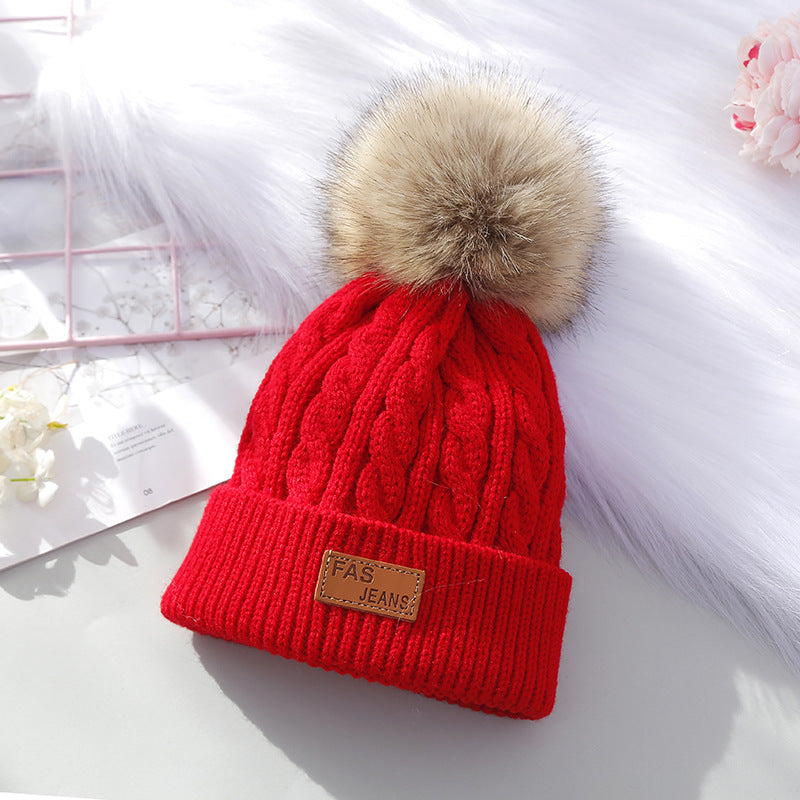 Wholesale Children's Autumn and Winter Label Wool Knitted Wool Ball Thickened Cable Pattern Wool Baby Pullover Hat
