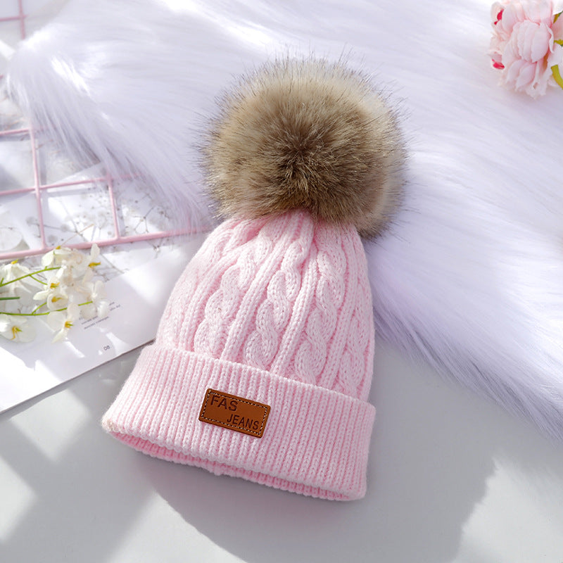 Wholesale Children's Autumn and Winter Label Wool Knitted Wool Ball Thickened Cable Pattern Wool Baby Pullover Hat