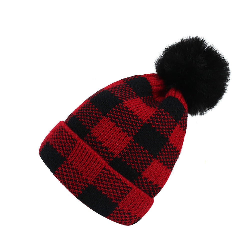 Wholesale 10pcs Wool Ball Parent-child Red and Black Plaid Knitted Hat