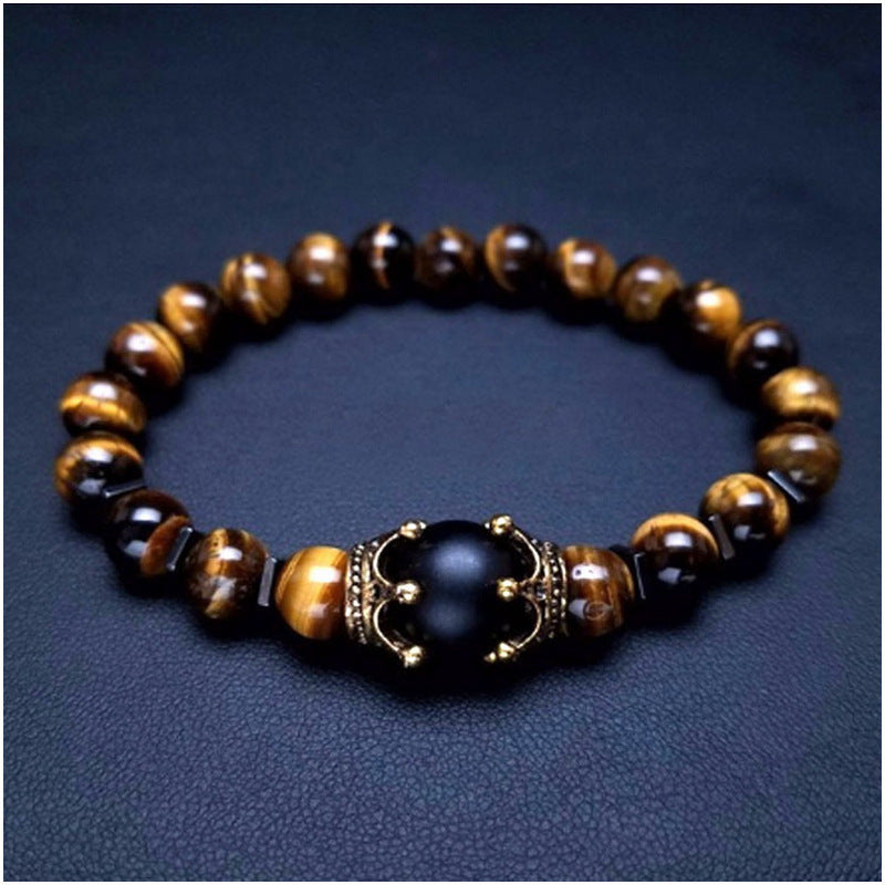 Wholesale Tiger Eye Frosted Crown Beaded Elastic Men's Bracelet