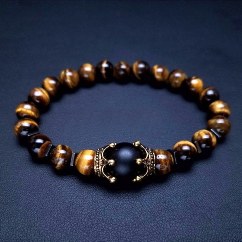 Wholesale Tiger Eye Frosted Crown Beaded Elastic Men's Bracelet