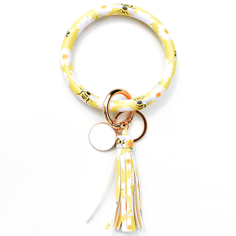 Wholesale Tie-dyed Bee Chrysanthemum Flag Simple Pu Leather Bracelet Keychain
