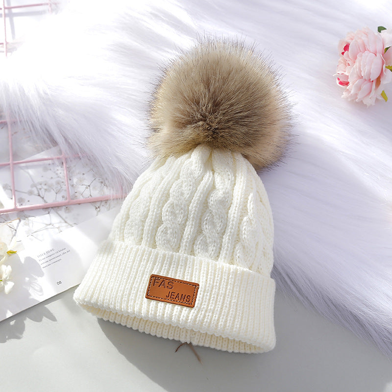 Wholesale Children's Autumn and Winter Label Wool Knitted Wool Ball Thickened Cable Pattern Wool Baby Pullover Hat