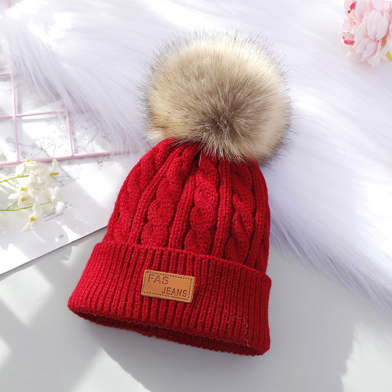 Wholesale Children's Autumn and Winter Label Wool Knitted Wool Ball Thickened Cable Pattern Wool Baby Pullover Hat