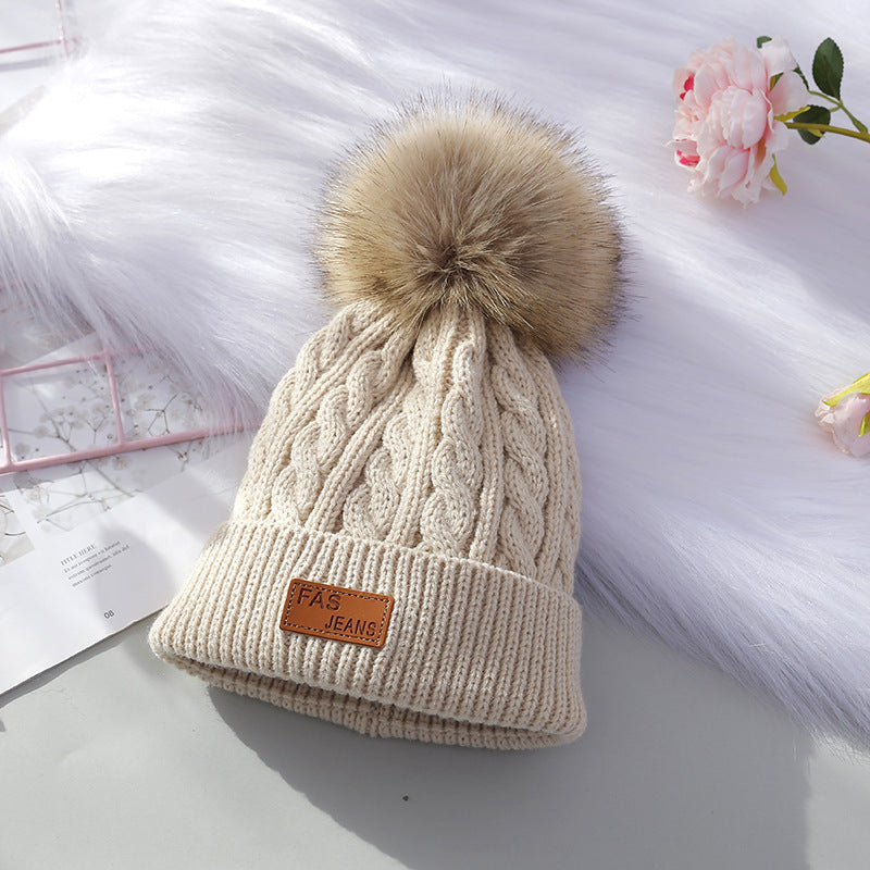 Wholesale Children's Autumn and Winter Label Wool Knitted Wool Ball Thickened Cable Pattern Wool Baby Pullover Hat