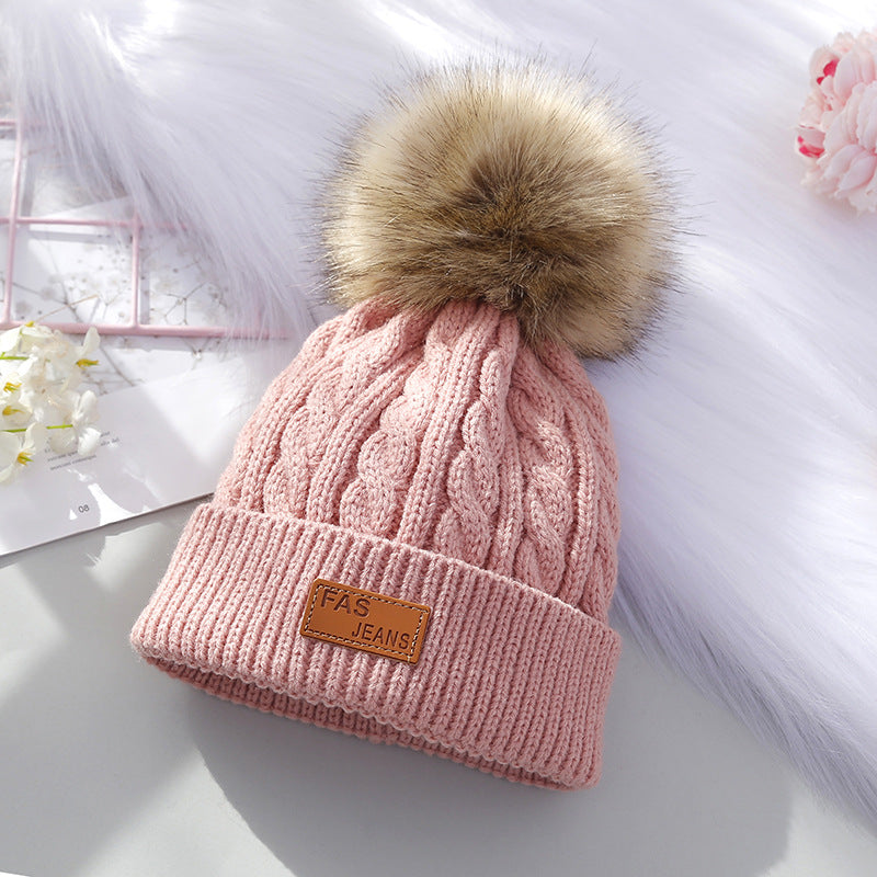 Wholesale Children's Autumn and Winter Label Wool Knitted Wool Ball Thickened Cable Pattern Wool Baby Pullover Hat