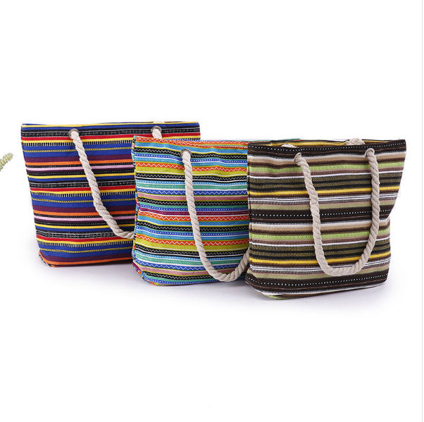 Wholesale Three-color Striped Hemp Rope Handle Canvas Bag