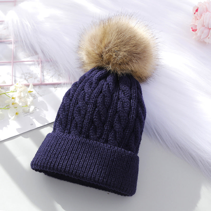 Wholesale Children's Autumn and Winter Label Wool Knitted Wool Ball Thickened Cable Pattern Wool Baby Pullover Hat