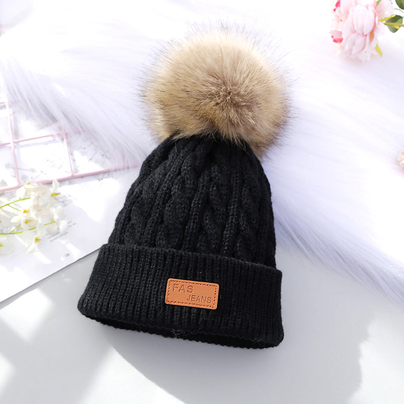 Wholesale Children's Autumn and Winter Label Wool Knitted Wool Ball Thickened Cable Pattern Wool Baby Pullover Hat