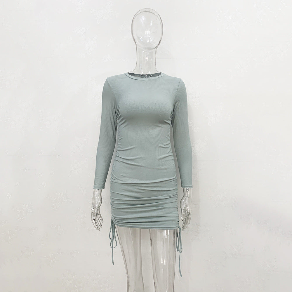 Wholesale Knit Drawstring Multicolor Long Sleeve Crew Neck Dress